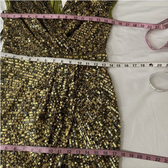 NWT $598 Mac Duggal [ 2 ]‎ Sequined Faux Wrap Cap Sleeve Gown Olive Green #Q714 - Picture 5 of 16